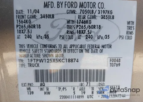 2005 Ford F-150 Lariat/Xlt from USA, damaged, VIN 1FTPW125X5KC18874